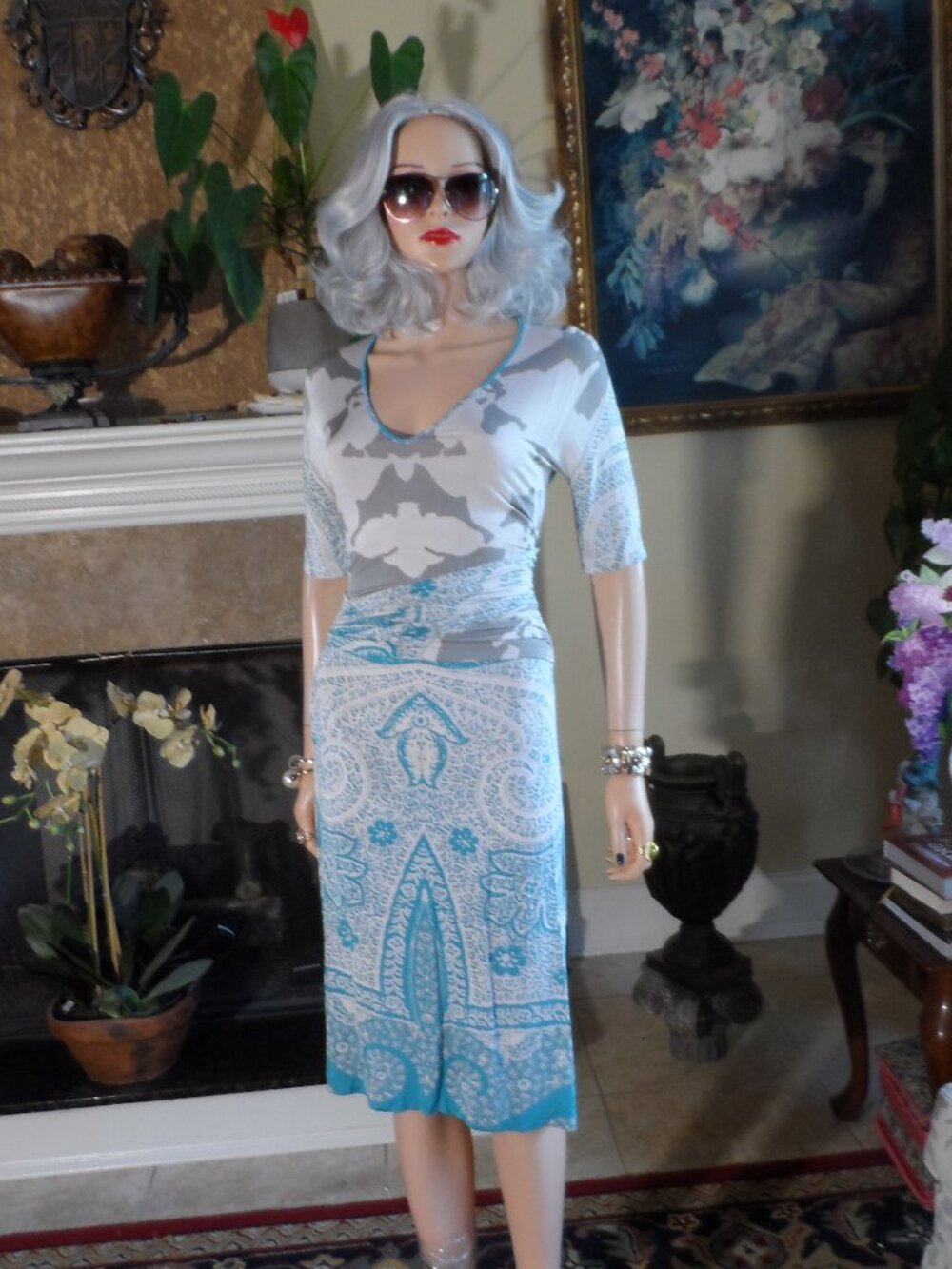 Etro Milano Blue & Gray Printed Ruched Sheath Dress Size IT 42 US 6